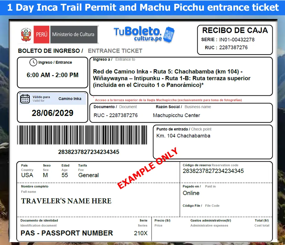 Permiso oficial de 1 día para el Camino Inca desde el km104 hasta Machu Picchu (solo boleto) con Circuito 1C Puerta del Sol, Circuito 1B Terraza Superior y Circuito 3B Templos de la Realeza