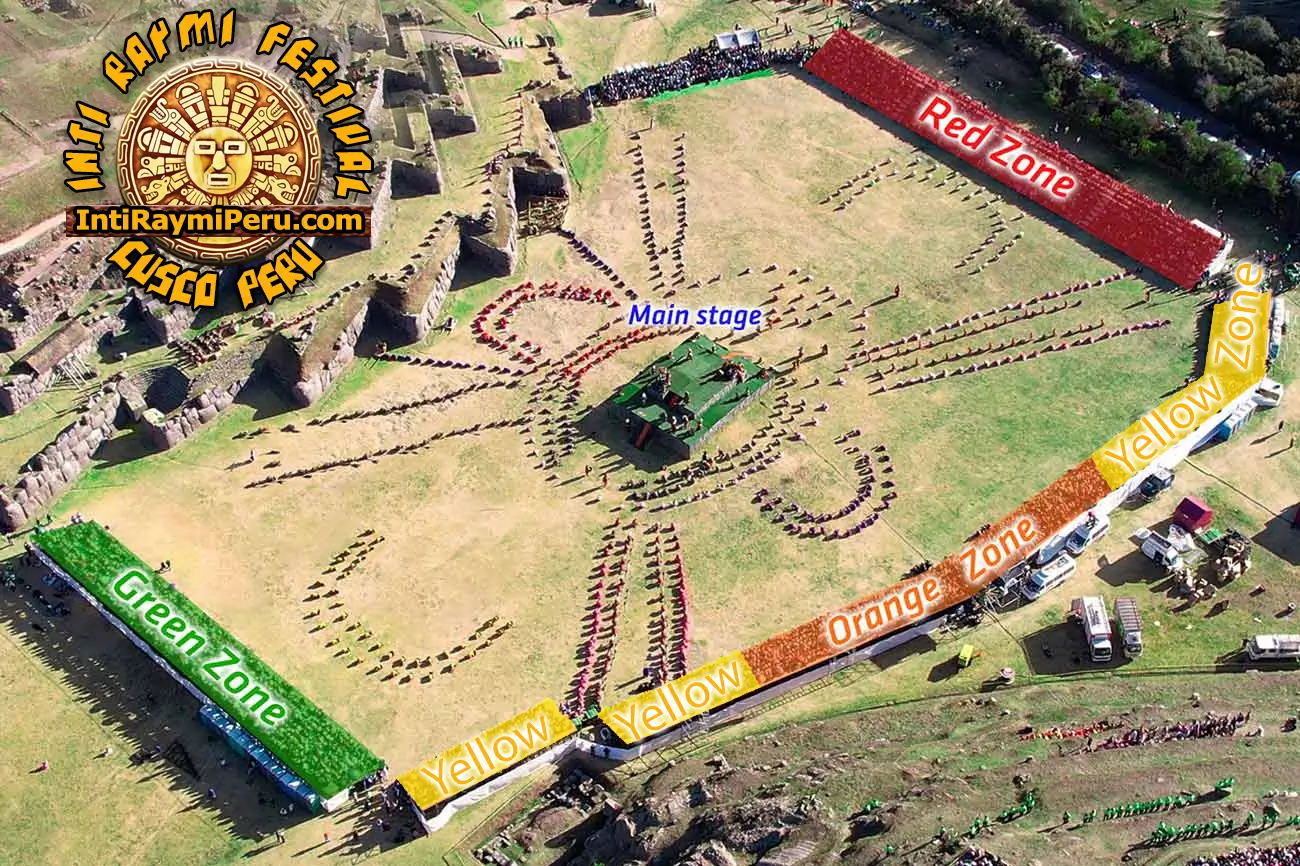 Inti Raymi 2026 ticket seating map for Sacsayhuaman ceremony with Orange, Yellow, Red and Green seating sections